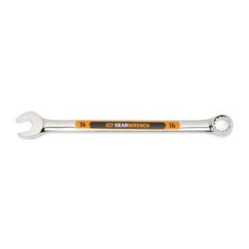 Image of the GEARWRENCH  14mm 12 Point Hi-Viz Long Pattern Combination Wrench with the open end towards the left and the closed end towards the right showcasing the bold, large high-visibility color size markings for quick identification.