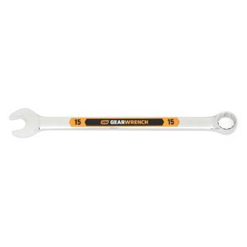 Image of the GEARWRENCH  15mm 12 Point Hi-Viz Long Pattern Combination Wrench with the open end towards the left and the closed end towards the right showcasing the bold, large high-visibility color size markings for quick identification.