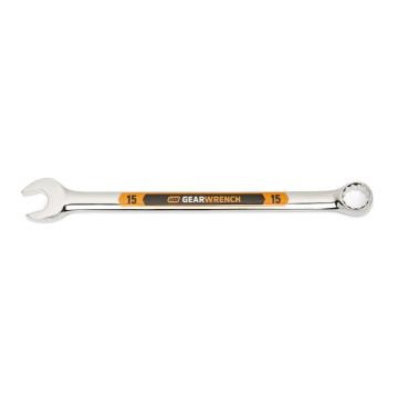 Image of the GEARWRENCH  15mm 12 Point Hi-Viz Long Pattern Combination Wrench with the open end towards the left and the closed end towards the right showcasing the bold, large high-visibility color size markings for quick identification.