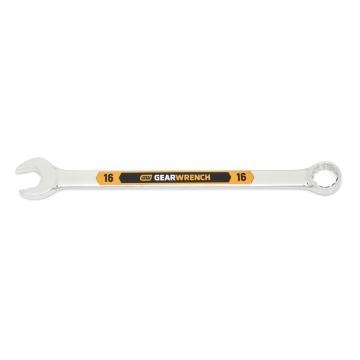 Image of the GEARWRENCH  16mm 12 Point Hi-Viz Long Pattern Combination Wrench with the open end towards the left and the closed end towards the right showcasing the bold, large high-visibility color size markings for quick identification.