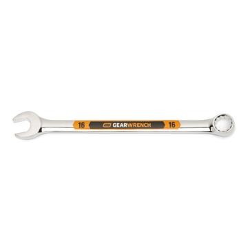 Image of the GEARWRENCH  16mm 12 Point Hi-Viz Long Pattern Combination Wrench with the open end towards the left and the closed end towards the right showcasing the bold, large high-visibility color size markings for quick identification.