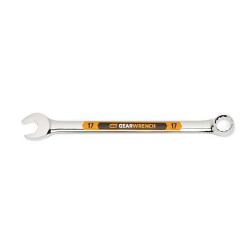 Image of the GEARWRENCH  17mm 12 Point Hi-Viz Long Pattern Combination Wrench with the open end towards the left and the closed end towards the right showcasing the bold, large high-visibility color size markings for quick identification.