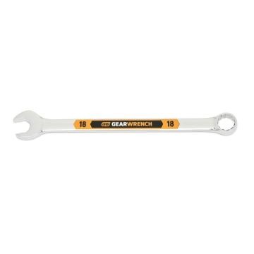 Image of the GEARWRENCH  18mm 12 Point Hi-Viz Long Pattern Combination Wrench with the open end towards the left and the closed end towards the right showcasing the bold, large high-visibility color size markings for quick identification.