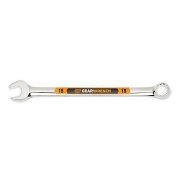 Image of the GEARWRENCH  18mm 12 Point Hi-Viz Long Pattern Combination Wrench with the open end towards the left and the closed end towards the right showcasing the bold, large high-visibility color size markings for quick identification.