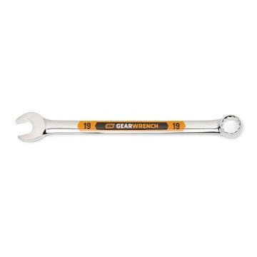 Image of the GEARWRENCH  19mm 12 Point Hi-Viz Long Pattern Combination Wrench with the open end towards the left and the closed end towards the right showcasing the bold, large high-visibility color size markings for quick identification.