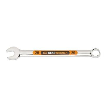 Image of the GEARWRENCH  20mm 12 Point Hi-Viz Long Pattern Combination Wrench with the open end towards the left and the closed end towards the right showcasing the bold, large high-visibility color size markings for quick identification.