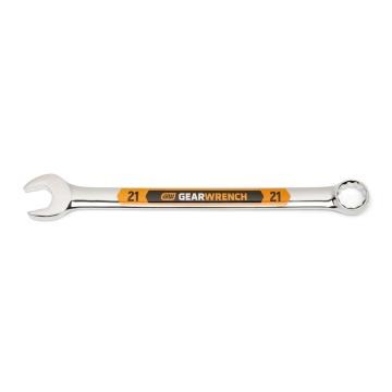 Image of the GEARWRENCH  21mm 12 Point Hi-Viz Long Pattern Combination Wrench with the open end towards the left and the closed end towards the right showcasing the bold, large high-visibility color size markings for quick identification.