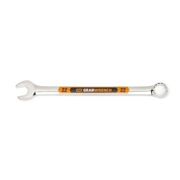 Image of the GEARWRENCH  22mm 12 Point Hi-Viz Long Pattern Combination Wrench with the open end towards the left and the closed end towards the right showcasing the bold, large high-visibility color size markings for quick identification.