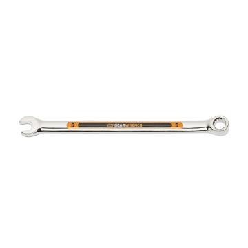 Image of the GEARWRENCH  6mm 12 Point Hi-Viz Long Pattern Combination Wrench with the open end towards the left and the closed end towards the right showcasing the bold, large high-visibility color size markings for quick identification.