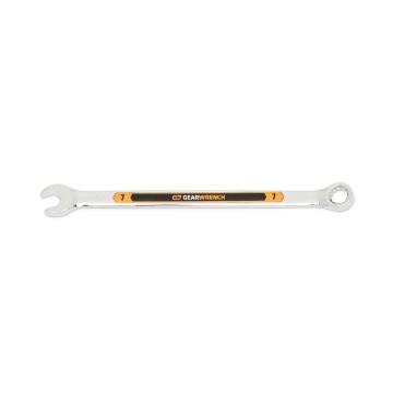 Image of the GEARWRENCH  7mm 12 Point Hi-Viz Long Pattern Combination Wrench with the open end towards the left and the closed end towards the right showcasing the bold, large high-visibility color size markings for quick identification.