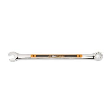 Image of the GEARWRENCH  7mm 12 Point Hi-Viz Long Pattern Combination Wrench with the open end towards the left and the closed end towards the right showcasing the bold, large high-visibility color size markings for quick identification.
