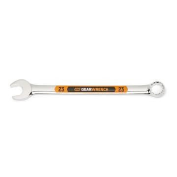 Image of the GEARWRENCH  23mm 12 Point Hi-Viz Long Pattern Combination Wrench with the open end towards the left and the closed end towards the right showcasing the bold, large high-visibility color size markings for quick identification.