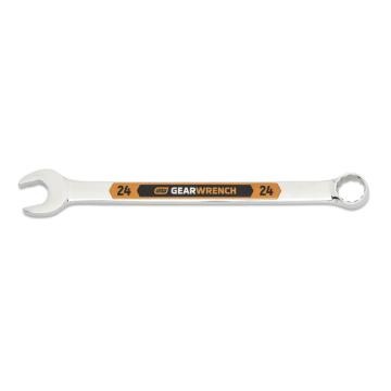 Image of the GEARWRENCH  24mm 12 Point Hi-Viz Long Pattern Combination Wrench with the open end towards the left and the closed end towards the right showcasing the bold, large high-visibility color size markings for quick identification.