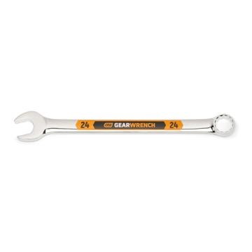 Image of the GEARWRENCH  24mm 12 Point Hi-Viz Long Pattern Combination Wrench with the open end towards the left and the closed end towards the right showcasing the bold, large high-visibility color size markings for quick identification.