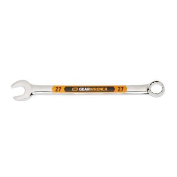 Image of the GEARWRENCH  27mm 12 Point Hi-Viz Long Pattern Combination Wrench with the open end towards the left and the closed end towards the right showcasing the bold, large high-visibility color size markings for quick identification.