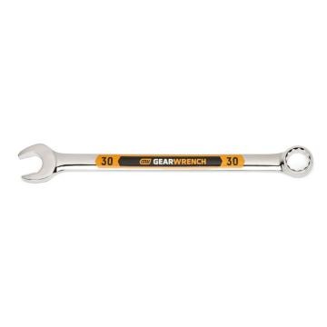 Image of the GEARWRENCH  30mm 12 Point Hi-Viz Long Pattern Combination Wrench with the open end towards the left and the closed end towards the right showcasing the bold, large high-visibility color size markings for quick identification.
