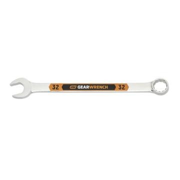 Image of the GEARWRENCH  32mm 12 Point Hi-Viz Long Pattern Combination Wrench with the open end towards the left and the closed end towards the right showcasing the bold, large high-visibility color size markings for quick identification.