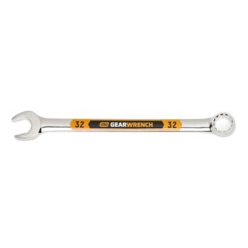 Image of the GEARWRENCH  32mm 12 Point Hi-Viz Long Pattern Combination Wrench with the open end towards the left and the closed end towards the right showcasing the bold, large high-visibility color size markings for quick identification.
