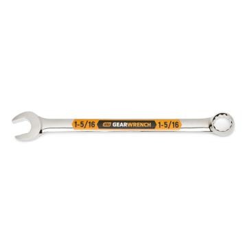 Image of the GEARWRENCH  1-5/16 12 Point Hi-Viz Long Pattern Combination Wrench with the open end towards the left and the closed end towards the right showcasing the bold, large high-visibility color size markings for quick identification.