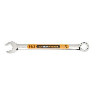 Image of the GEARWRENCH  1-1/2 12 Point Hi-Viz Long Pattern Combination Wrench with the open end towards the left and the closed end towards the right showcasing the bold, large high-visibility color size markings for quick identification.