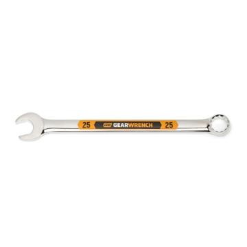 Image of the GEARWRENCH  25mm 12 Point Hi-Viz Long Pattern Combination Wrench with the open end towards the left and the closed end towards the right showcasing the bold, large high-visibility color size markings for quick identification.