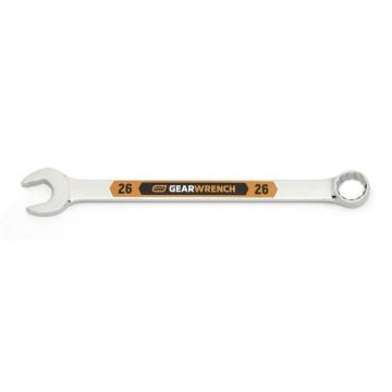 Image of the GEARWRENCH  26mm 12 Point Hi-Viz Long Pattern Combination Wrench with the open end towards the left and the closed end towards the right showcasing the bold, large high-visibility color size markings for quick identification.
