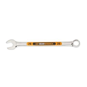 Image of the GEARWRENCH  26mm 12 Point Hi-Viz Long Pattern Combination Wrench with the open end towards the left and the closed end towards the right showcasing the bold, large high-visibility color size markings for quick identification.