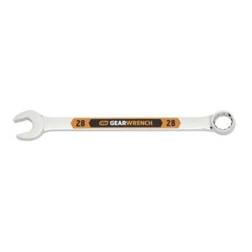 Image of the GEARWRENCH  28mm 12 Point Hi-Viz Long Pattern Combination Wrench with the open end towards the left and the closed end towards the right showcasing the bold, large high-visibility color size markings for quick identification.