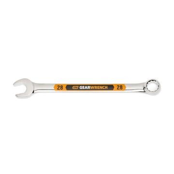 Image of the GEARWRENCH  28mm 12 Point Hi-Viz Long Pattern Combination Wrench with the open end towards the left and the closed end towards the right showcasing the bold, large high-visibility color size markings for quick identification.