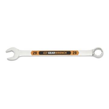 Image of the GEARWRENCH  29mm 12 Point Hi-Viz Long Pattern Combination Wrench with the open end towards the left and the closed end towards the right showcasing the bold, large high-visibility color size markings for quick identification.