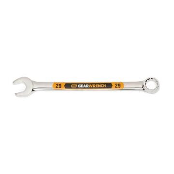 Image of the GEARWRENCH  29mm 12 Point Hi-Viz Long Pattern Combination Wrench with the open end towards the left and the closed end towards the right showcasing the bold, large high-visibility color size markings for quick identification.