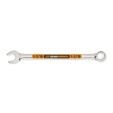 Image of the GEARWRENCH  1-3/16 12 Point Hi-Viz Long Pattern Combination Wrench with the open end towards the left and the closed end towards the right showcasing the bold, large high-visibility color size markings for quick identification.