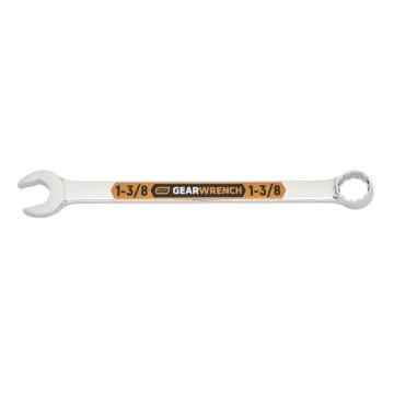 Image of the GEARWRENCH  1-3/8 12 Point Hi-Viz Long Pattern Combination Wrench with the open end towards the left and the closed end towards the right showcasing the bold, large high-visibility color size markings for quick identification.