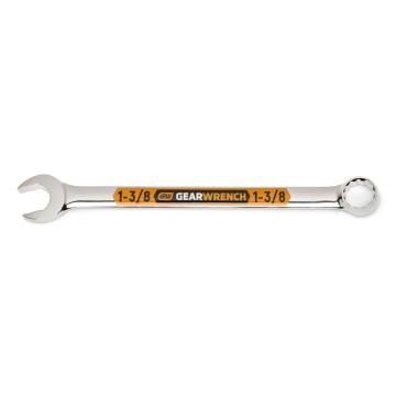 Image of the GEARWRENCH  1-3/8 12 Point Hi-Viz Long Pattern Combination Wrench with the open end towards the left and the closed end towards the right showcasing the bold, large high-visibility color size markings for quick identification.