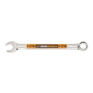 Image of the GEARWRENCH  1-7/16 12 Point Hi-Viz Long Pattern Combination Wrench with the open end towards the left and the closed end towards the right showcasing the bold, large high-visibility color size markings for quick identification.