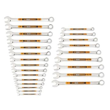 Image of the GEARWRENCH  24 Piece 12 Point SAE/Metric Hi-Viz Long Pattern Combination Wrench Set  showing all the pieces in the set on a white background.