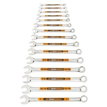 Image of the GEARWRENCH  15 Piece 12 Point SAE Hi-Viz Long Pattern Combination Wrench Set  showing all the pieces in the set on a white background.