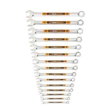 Image of the GEARWRENCH  15 Piece 12 Point Metric Hi-Viz Long Pattern Combination Wrench Set  showing all the pieces in the set on a white background.