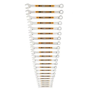 Image of the GEARWRENCH  22 Piece 12 Point Metric Hi-Viz Long Pattern Combination Wrench Set  showing all the pieces in the set on a white background.