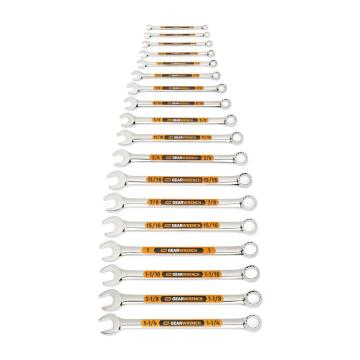 Image of the GEARWRENCH  18 Piece 12 Point SAE Hi-Viz Long Pattern Combination Wrench Set  showing all the pieces in the set on a white background.