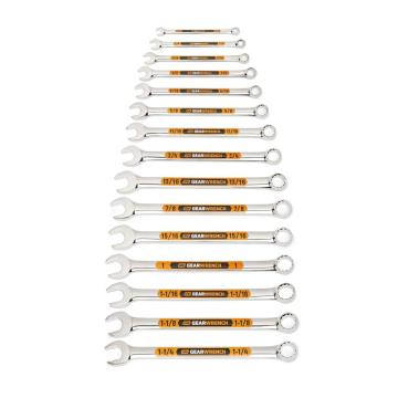 Image of the GEARWRENCH  15 Piece 12 Point SAE Hi-Viz Long Pattern Combination Wrench Set with Tool Roll showing all the pieces in the set on a white background.