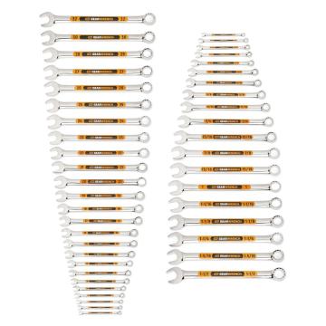 Image of the GEARWRENCH  44 Piece 12 Point SAE/Metric Hi-Viz Long Pattern Combination Wrench Set  showing all the pieces in the set on a white background.