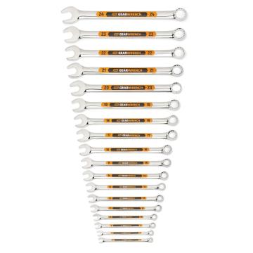 Image of the GEARWRENCH  18 Piece 12 Point Metric Hi-Viz Long Pattern Combination Wrench Set  showing all the pieces in the set on a white background.