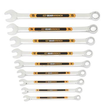 Image of the GEARWRENCH  9 Piece 12 Point Metric Hi-Viz Long Pattern Combination Wrench Set with Tool Roll showing all the pieces in the set on a white background.
