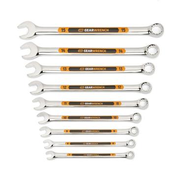 Image of the GEARWRENCH  9 Piece 12 Point Metric Hi-Viz Long Pattern Combination Wrench Set with Tool Roll showing all the pieces in the set on a white background.