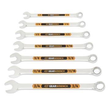 Image of the GEARWRENCH  7 Piece 12 Point SAE Hi-Viz Long Pattern Combination Wrench Set with Tool Roll  showing all the pieces in the set on a white background.