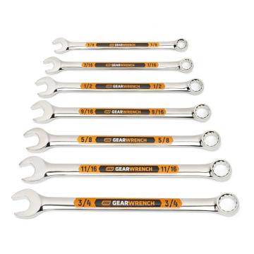 Image of the GEARWRENCH  7 Piece 12 Point SAE Hi-Viz Long Pattern Combination Wrench Set with Tool Roll  showing all the pieces in the set on a white background.