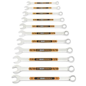 Image of the GEARWRENCH  11 Piece 12 Point SAE Hi-Viz Long Pattern Combination Wrench Set with Tool Roll  showing all the pieces in the set on a white background.