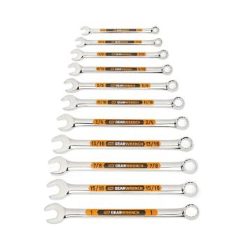 Image of the GEARWRENCH  11 Piece 12 Point SAE Hi-Viz Long Pattern Combination Wrench Set with Tool Roll  showing all the pieces in the set on a white background.