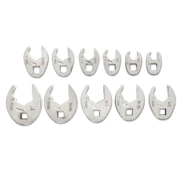11 Piece 3/8" Drive Ratcheting Crowfoot SAE Wrench Set displaying eleven SAE-size ratcheting crowfoot wrenches arranged by size.